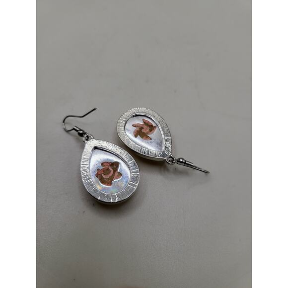 Yellow Rose Resin Teardrop Earrings Silver Tone Dangle Drop Floral Jewelry - Picture 5 of 6